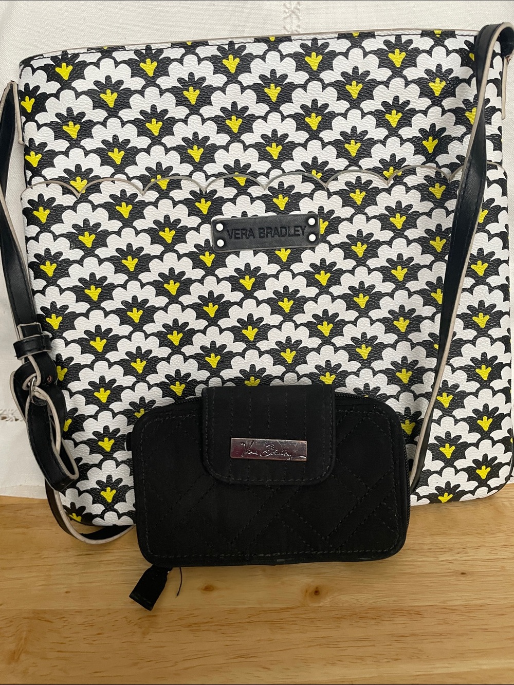 Vera Bradley Black, White & Yellow Floral Crossbody Bag & Black Wallet EUC